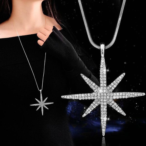 

pendant necklaces luxury vintage eight-pointed star necklace jewelry long female rhinestone accessories clothes sweater chain, Silver