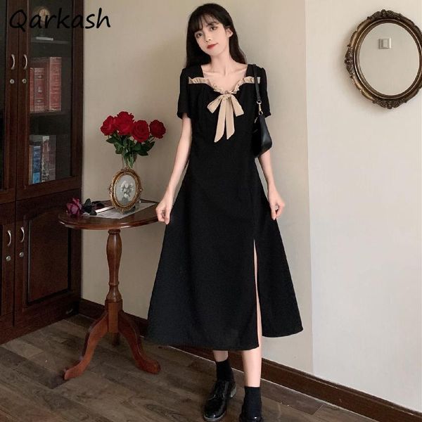 

casual dresses dress women bow side-slit elegant design french style midi retro summer female temperament leisure clothing chic mujer, Black;gray