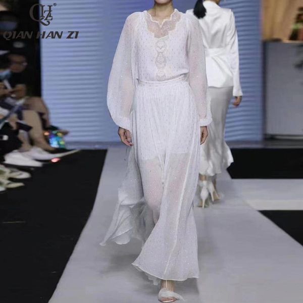 

casual dresses qian han zi high-end custom fashion resort runway maxi dress women lantern sleeves lace back hollow elegant white long, Black;gray