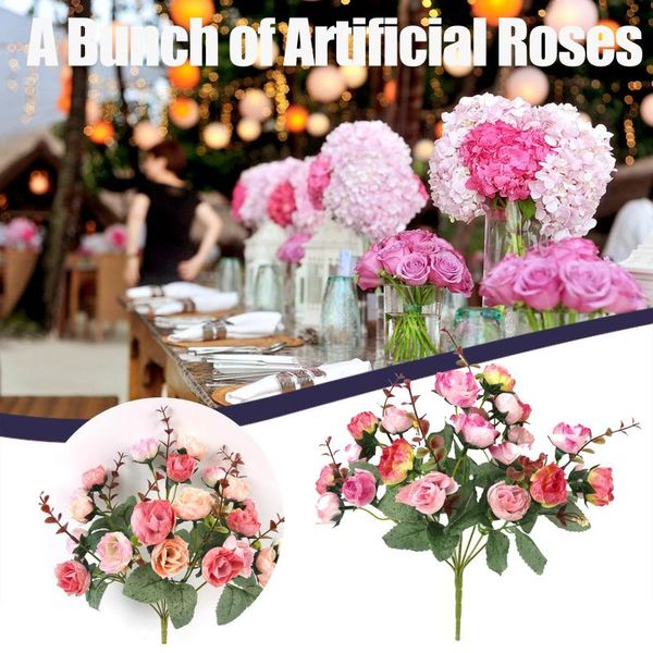 

28cm rose pink silk peony artificial flowers bouquet 7 branches 21 roses fake for home wedding decoration indoor party favor