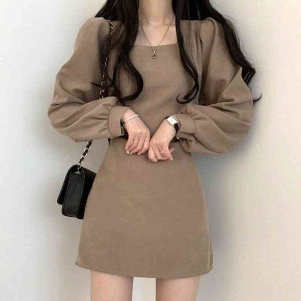 

vintage chic autumn temperament slim square neck puff sleeve dress short casual full wild korean fashion vestido de mujer 210429, Black;gray