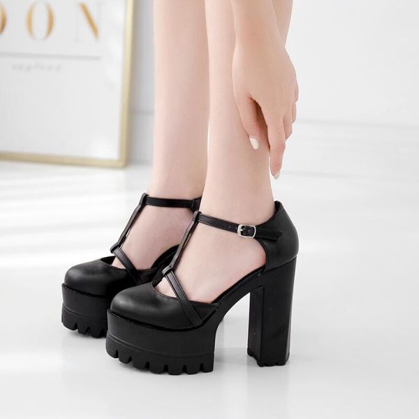 

fall shoes women pumps high heels buckle casual woman round toe platform office demonias dress, Black