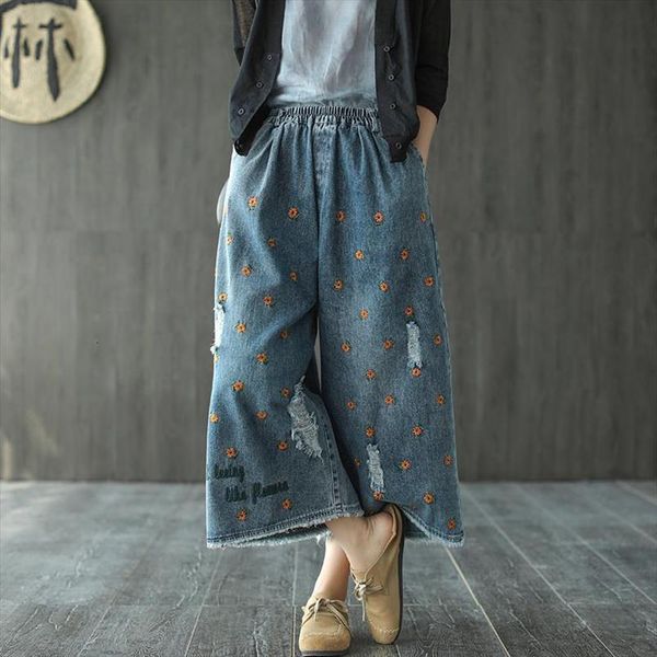 

spring summer arts style womens jeans elastic waist loose vintage embroidery ripped femme casual denim wide leg pants s951, Blue