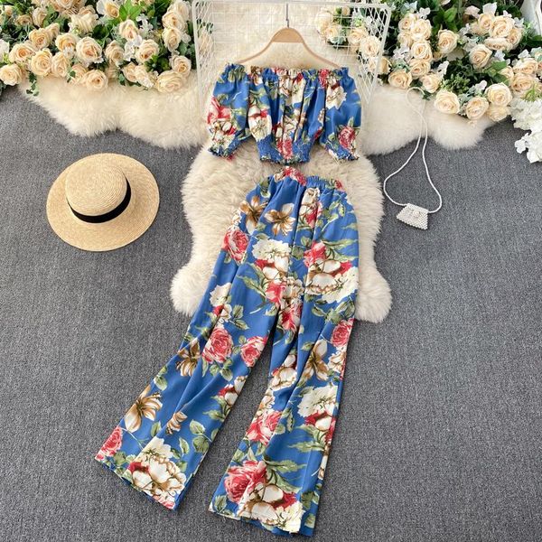 

women's tracksuits 2021 spring holiday style printed two-piece suit slash neck collar women short high-waist wide-leg pants, Gray