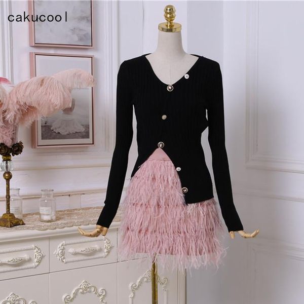 

women's two piece pants cakucool spring 2 set women long sleeve knit pink feather tassels skirt sweater 2pc outfits chandal mujer lady, White