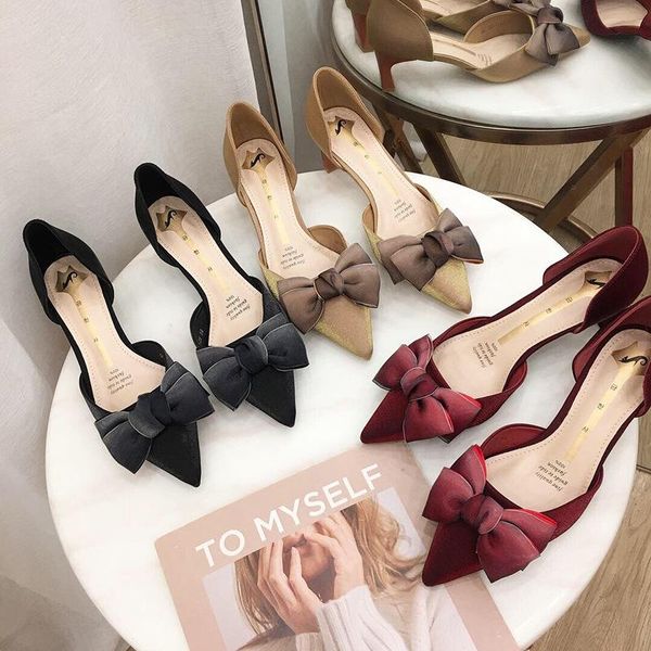

dress shoes 2021 summer heels wedding single women's sping sandal pointed chunky heel bow 5cm korean-style all-match, Black