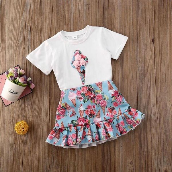 

toddler kids baby girls short sleeve t shirt ruffles printed skirts summer outfit clothes sets 2pcs, White