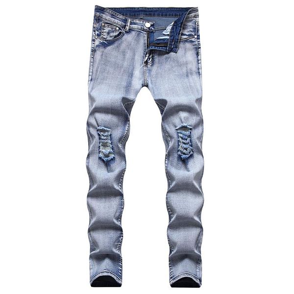 

men's jeans 2021 european trend with big holes in the knee casual slim elastic leg, Blue