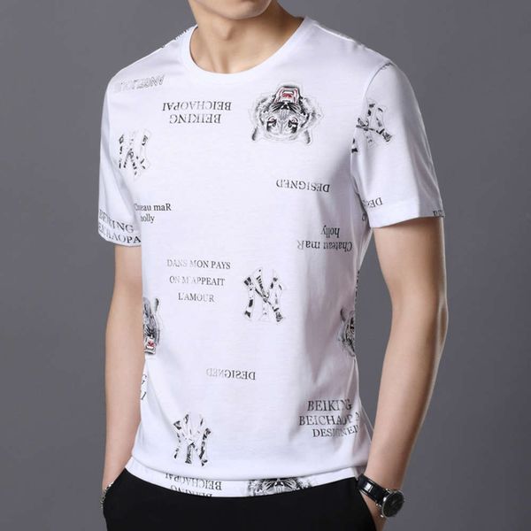 

summer men's short sleeve t-shirt round neck printed ice silk cotton tiger head burnt letter half, White;black
