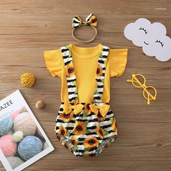 

clothing sets ribbed bodysuit born infant baby girls sleeves solid sunflower suspender shorts+headbands outfits 3-18 months11, White