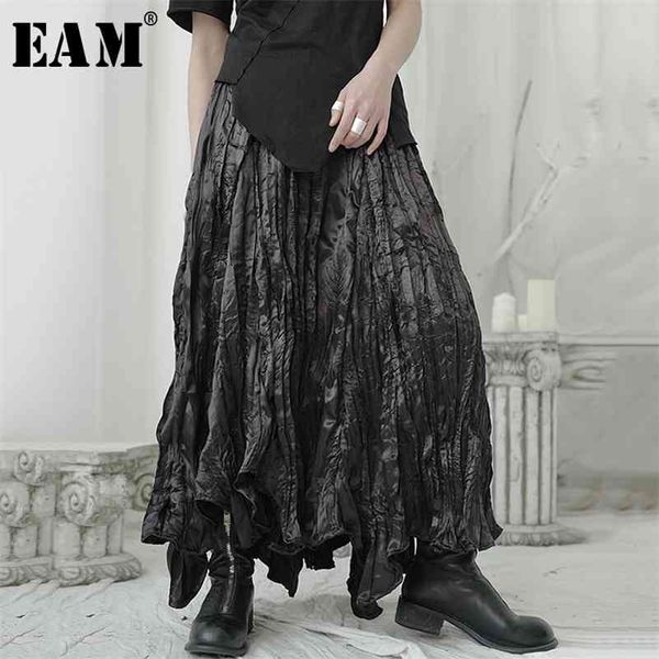 

[eam] high elastic waist black pleated irregular long temperament half-body skirt women fashion new spring autumn 1u965 210401