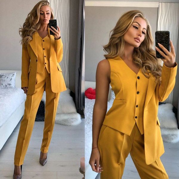 Gold 2021 Mãe da noiva Vestidos Pant Ternos Slim Fit Partido De Noite De Prom Blazer Ol Outfit 3 Peças Mulheres Smoking (Casaco + Colete + Calças)