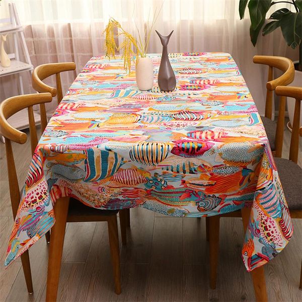 

table cloth thicken cotton linen tablecloth blue mediterranean cartoon colorful tropical fish ocean cover for wedding tea