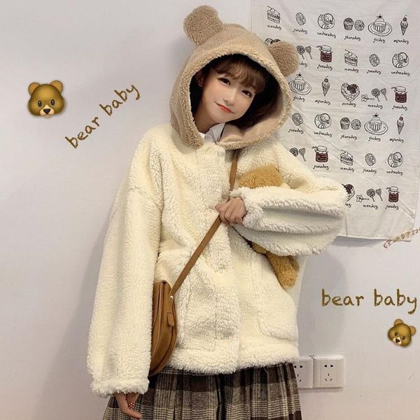 

women's fur & faux winter jacket kawaii little bear ears hooded lambswool coats cute girl full sleeve single-breasted lolita outweare f, Black