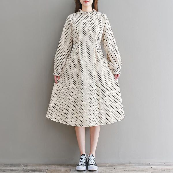 

casual dresses mori girl autumn women midi dress ruffled collar heart print apricot sweet long sleeve corduroy elegant, Black;gray