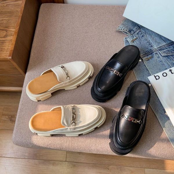 

slippers women platform metal decoration flat ladies solid genuine leather outdoor zapatillas mujer designer shoes, Black