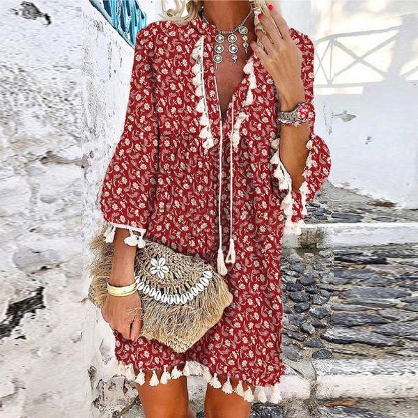 

casual dresses lady loose vestido women clothing elegant v-neck tassel 3/4 sleeve party spring summer vintage print a-line dress, Black;gray