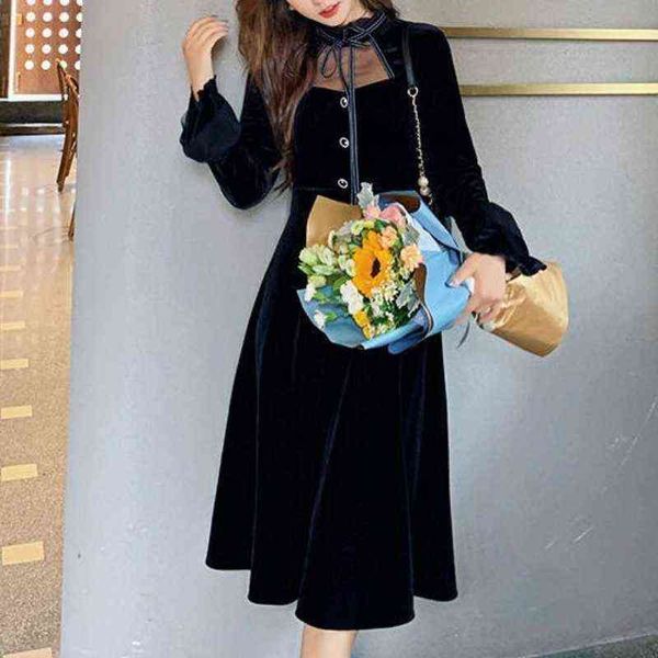 

black velvet dress women 2021 winter vintage lace midi dress evening party one piece dress korean fashion slim bandage clothing y1204, Black;gray