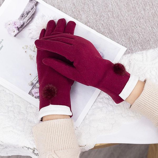 

sports gloves winter women simple elegant plus velvet warm thicken soft touch screen cycling drive hairball windproof mittens, Black