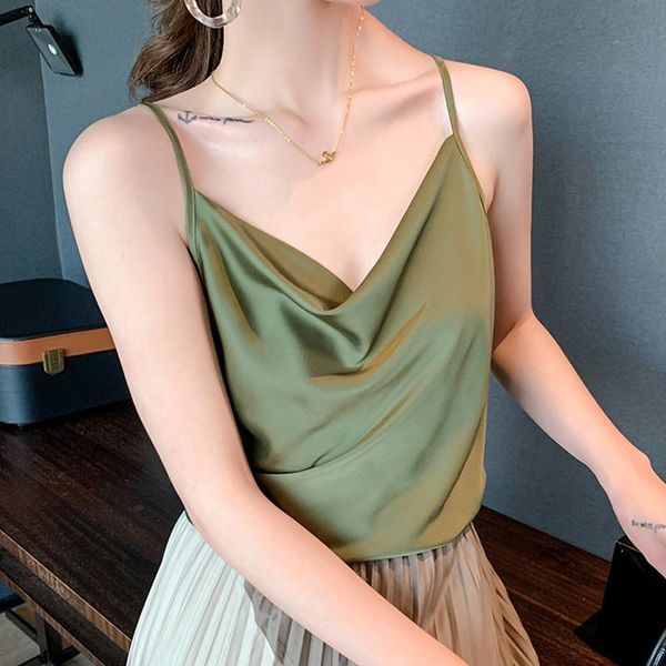

women's tanks & camis silk ladies camisole korean fashion with strap spring summer breathable v neck backless women satin tank 2021, White