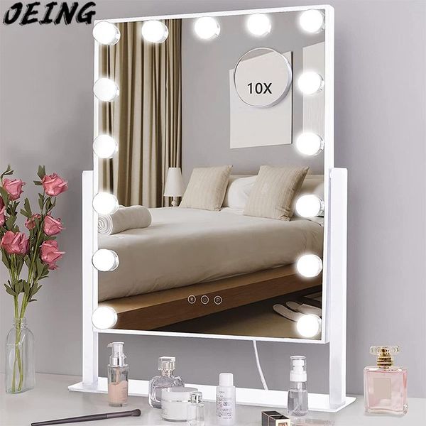 

compact mirrors hollywood makeup mirror with 15 dimmable led lights, can be three-tone light. 360Â° rotating vanity