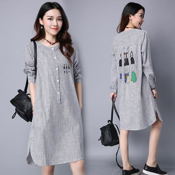 

casual blouse 2021 soft cotton linen autumn korea design preppy style striped chic women long loose women's blouses & shirts, White
