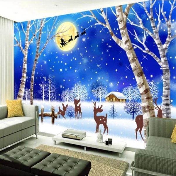 

wallpapers drop custom 3d stereo po mural cartoon christmas night snow scene background wall papers home decor wallpaper