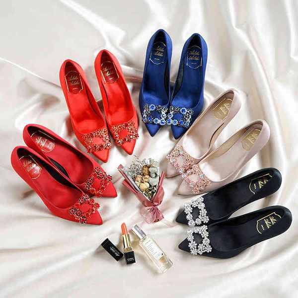 

dress shoes high heels women's fine square buckle crystal diamond single shoes wedding dress champagne red bride women kopl, Black