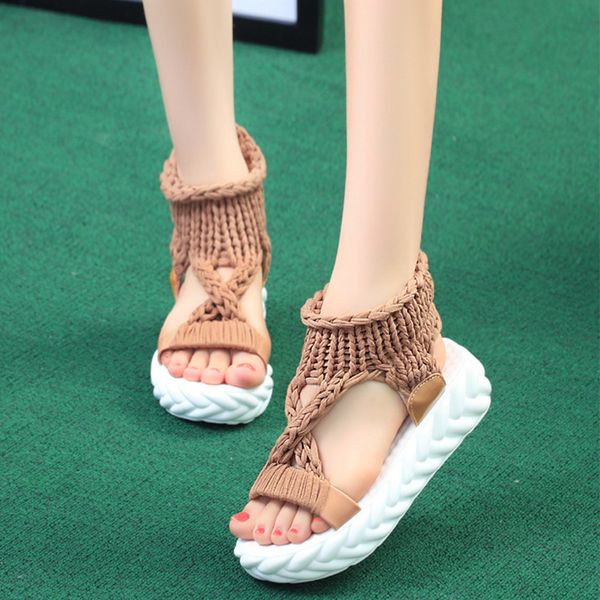 

sandals woman knitting summer female shoes platform ladies fashion open toe flat women woolen comfortable footwear plus size zt8a, Black