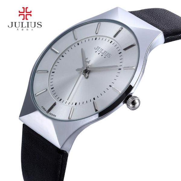 

wristwatches 2021 julius men's watches leather band analog display quartz men ultra thin dial wrist watch relogio masculino, Slivery;brown