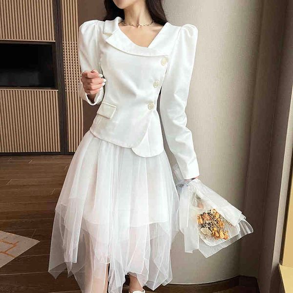 

spring fashion two-piece sets women elegant chic puff sleeve slim + high waist mesh lrregular skirts suit female 210518, White