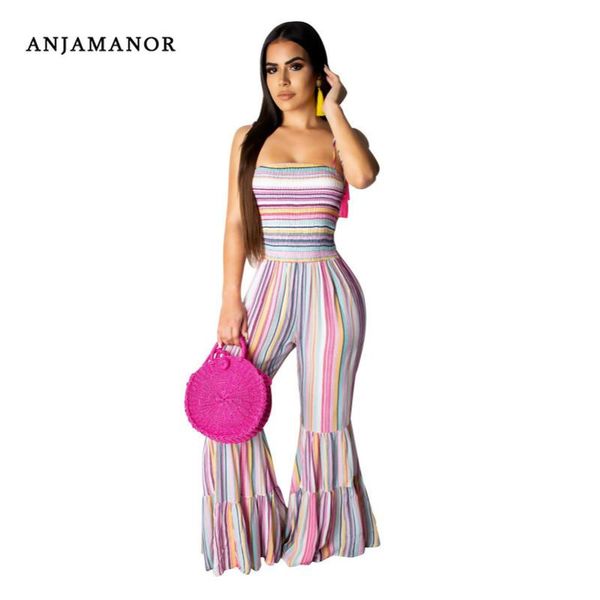 

women's jumpsuits & rompers anjamanor colorful striped smocked boot cut jumpsuit women summer backless beach one piece outfit d90-ae10, Black;white
