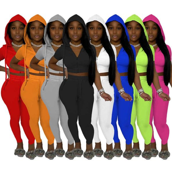 

summer women tracksuits two pieces pants set designers 2022 solid color hooded zipper short sleeve sport leggings jogging suits 8 colors, White