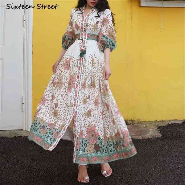 

vintage dress woman v-neck green printed single-breasted maxi vestido female boho elegant summer es clothing 210603, Black;gray