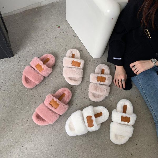 

slippers cross strap fur women winter shoes cute plush fluffy slides women's furry casual home house indoor flip flops, Black