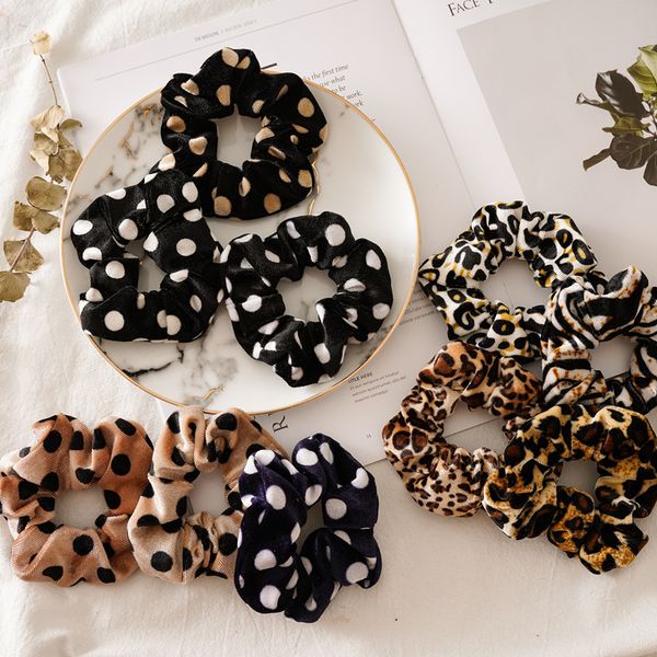 

leopard hair scrunchies women velvet hairbands dot elastic rope ponytail holder winter headwear hairs accessories 13 designs 1632 b3, Slivery;white