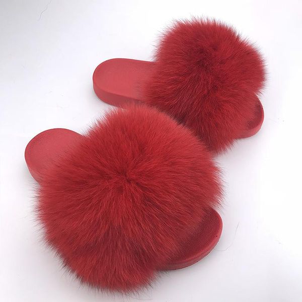 

slippers 2021 real red raccoon fur women slides hair flat fluffy fashion home summer big size natural furry flip flops shoes, Black