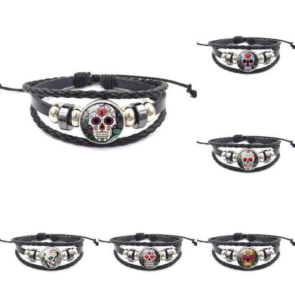 

sugar skull snap button bracelet for women men 18mm glass cabochon ginger snap charm leather rope bangle fashion jewelry, Golden;silver