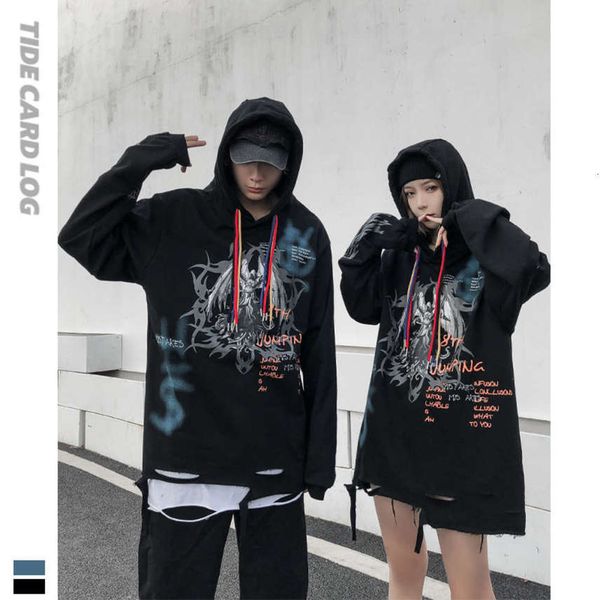 

autumn and winter new style pullover popular oversize personalized printing color hat rope long sleeve hooded trendy sweater for lovers, Black