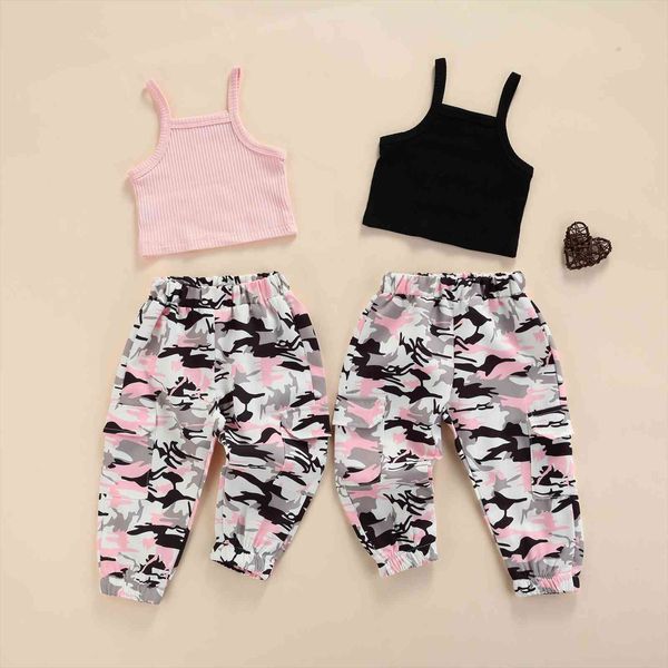 

1 7y summer fashion girls clothes sets 2pcs sleeveless solid vest camouflage printed long pants, White