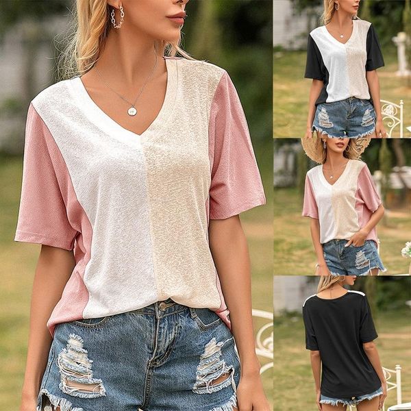 

women's t-shirt v-neck stitching color short sleeve loose top, White