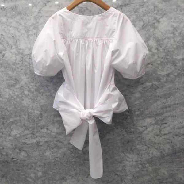 

women's blouses & shirts summer puff sleeve white blouse korean janpan female office lady plain women high waist bow tie h9s1