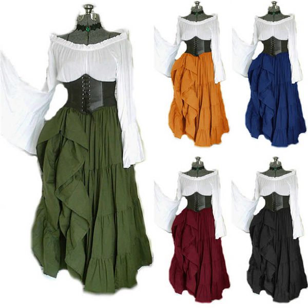 2020 Neue Halloween Frauen Medieval Cosplay Kostüme Gothic Retro Victoria Mittelalter Karneval Langarm Plissee Korsett Kleid Y0903