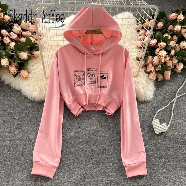

women's hoodies & sweatshirts autumn 2021 women sweatshirt embroidery harajuku long sleeve cropped casual hooded woman clothing, Black