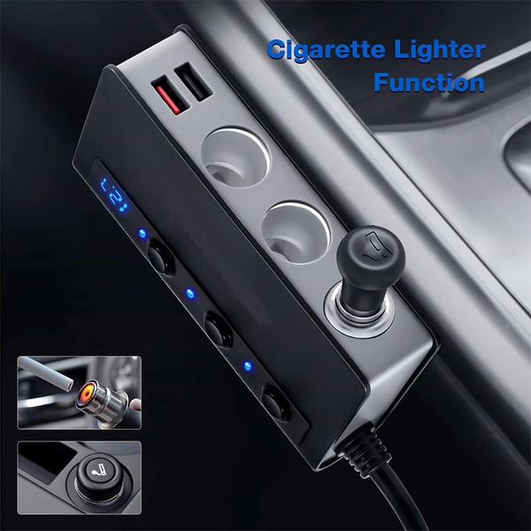 Adaptador de encendedor de cigarrillos, cargador de coche de 180W, 12V, 24V, 3 enchufes, divisor de toma de corriente CC con 3 puertos USB, 1 puerto tipo C, 218m