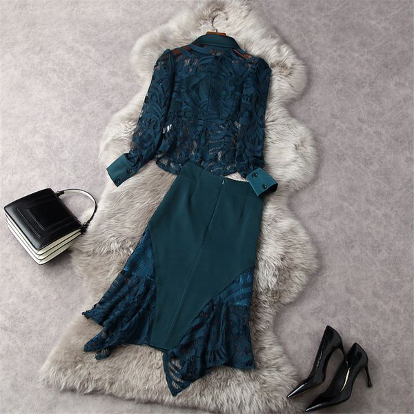 

spring fashion women's designer hollow lace and skirt uneven suit elegant lady twinset office party, Black
