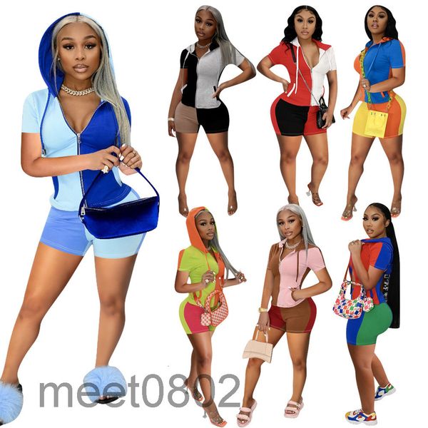

women's two piece pants selling 2021 new fashion v-neck hooded multi color splicing sports sets designer style short sleeve sh, White