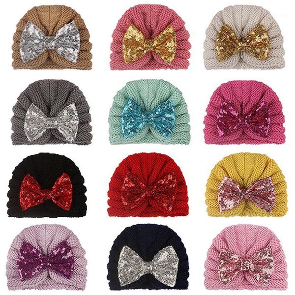 

caps & hats kids knitted beanie cap infant born baby boy girl hat warm children sequined bowknot cotton1, Yellow