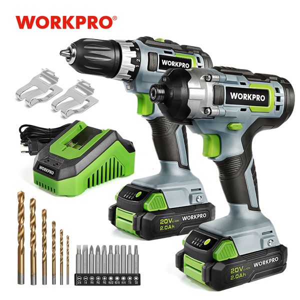 

workpro 21pc 20v li-ion cordless compact drill driver set and impact driver set including 2 fast chargering batteries power tool