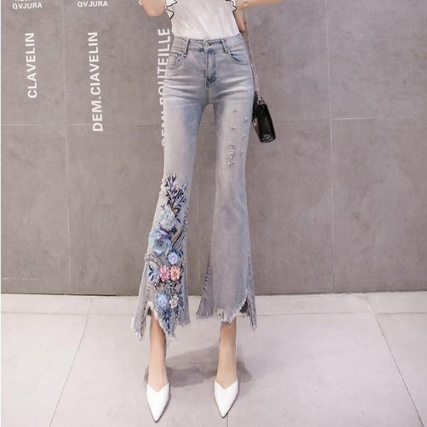 

women's jeans women flowers embroidery wide leg female irregular tassels beads slim fit ol ankle length washed hole denim pants, Blue